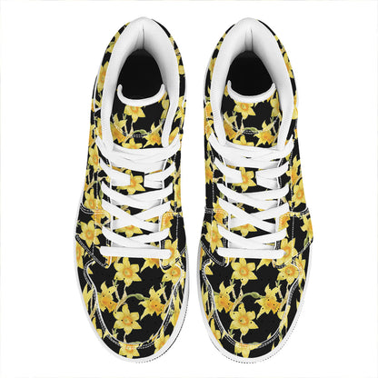 Watercolor Daffodil Flower Pattern Print High Top Leather Sneakers