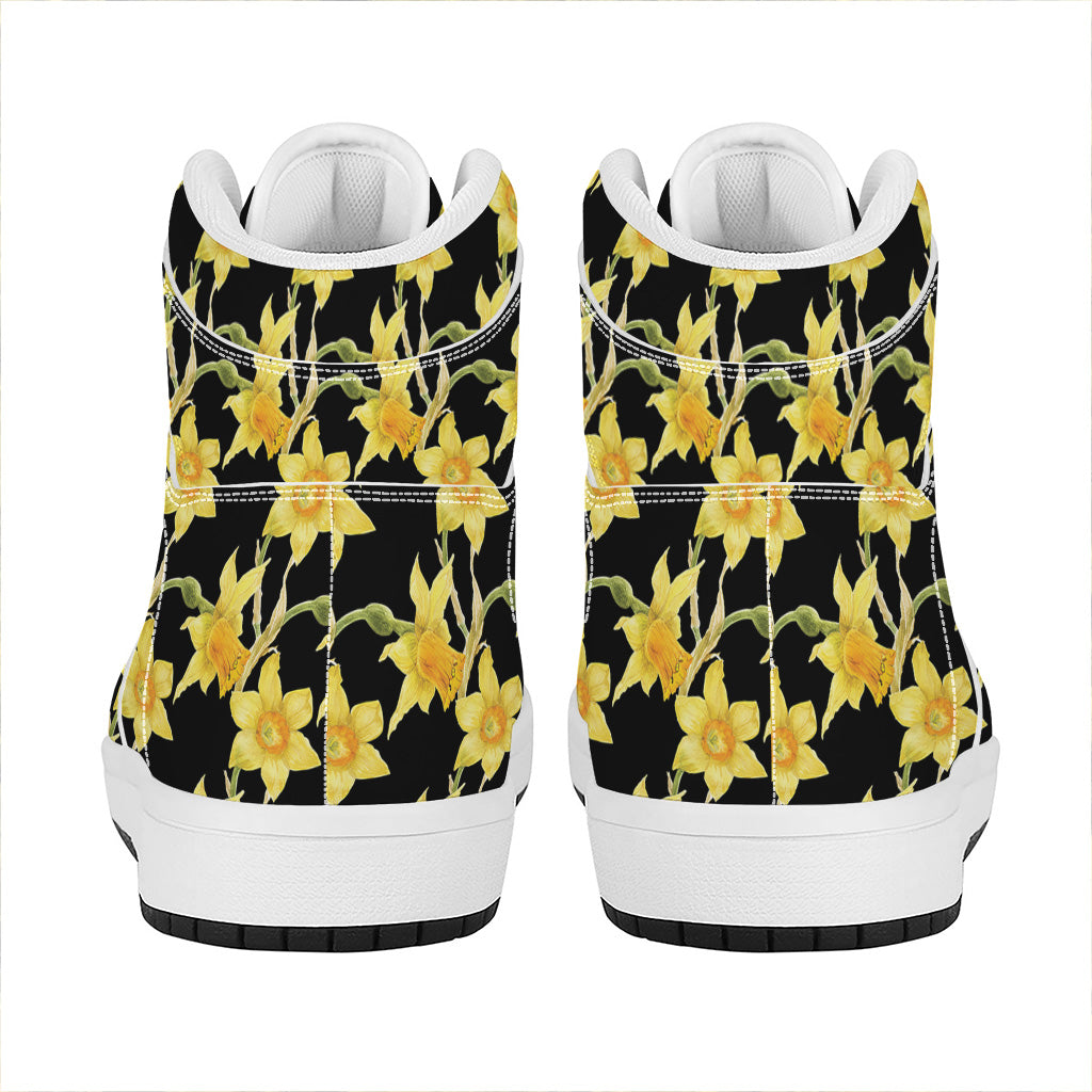 Watercolor Daffodil Flower Pattern Print High Top Leather Sneakers