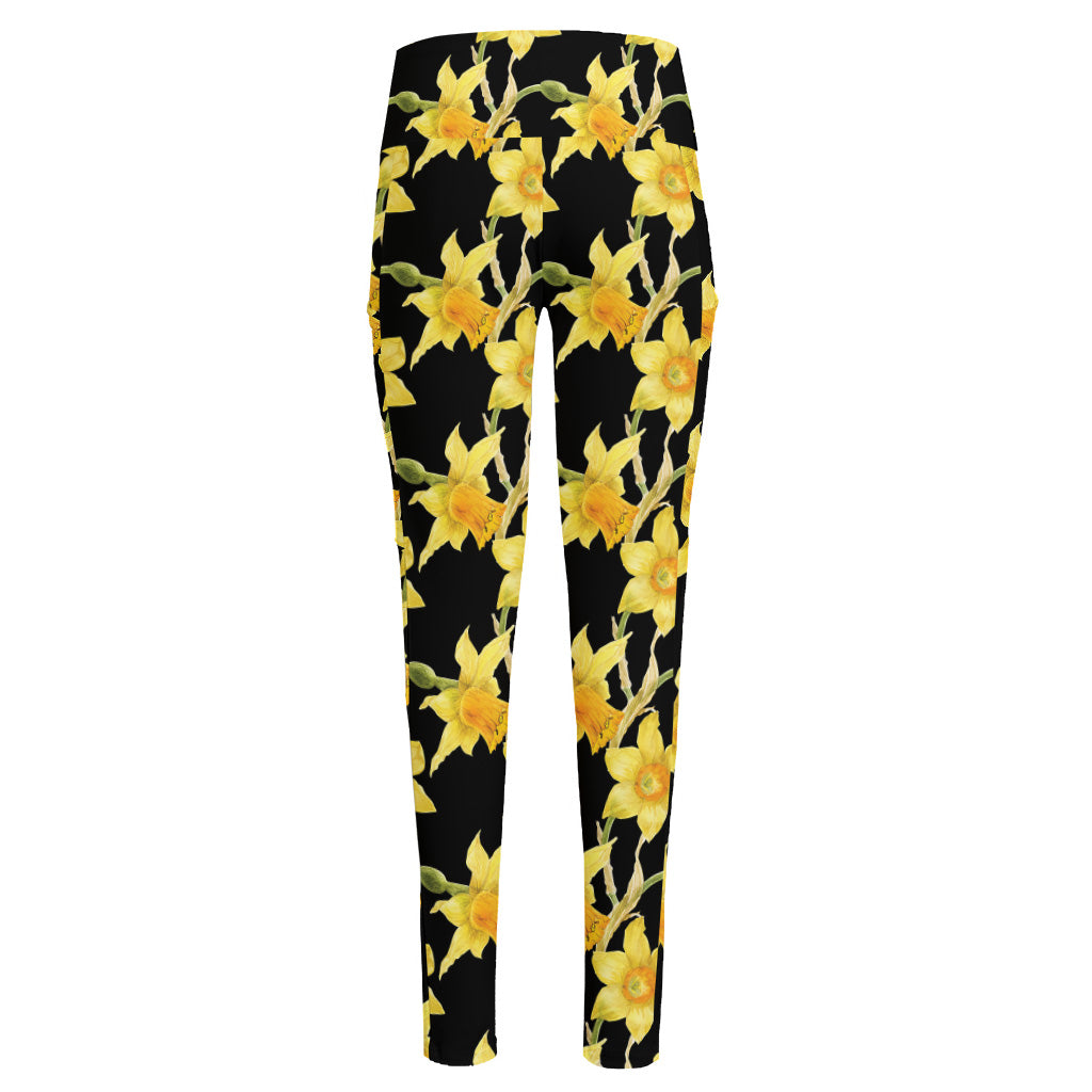 Watercolor Daffodil Flower Pattern Print High-Waisted Pocket Leggings