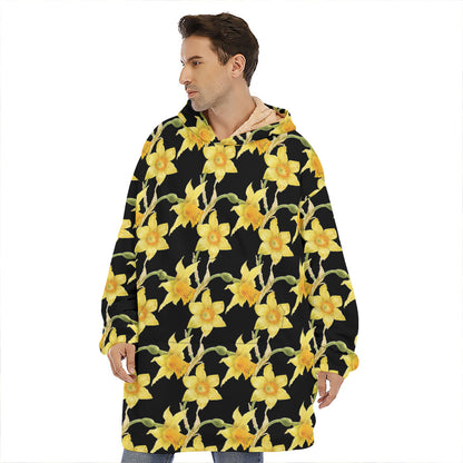 Watercolor Daffodil Flower Pattern Print Hoodie Blanket