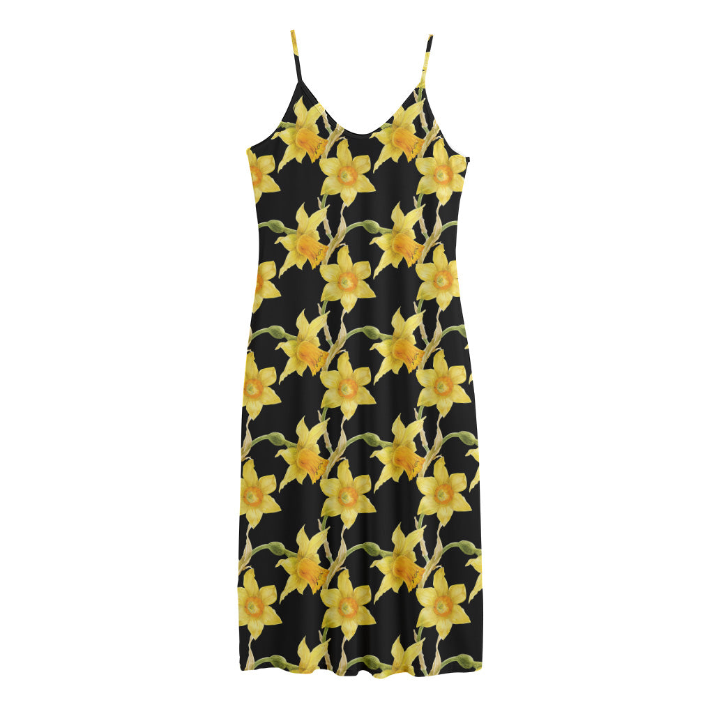 Watercolor Daffodil Flower Pattern Print Jersey Midi Cami Dress