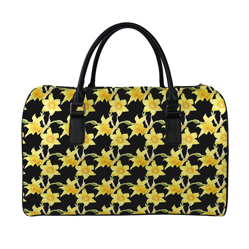 Watercolor Daffodil Flower Pattern Print Leather Duffle Bag