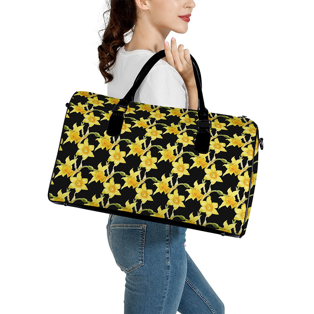 Watercolor Daffodil Flower Pattern Print Leather Duffle Bag