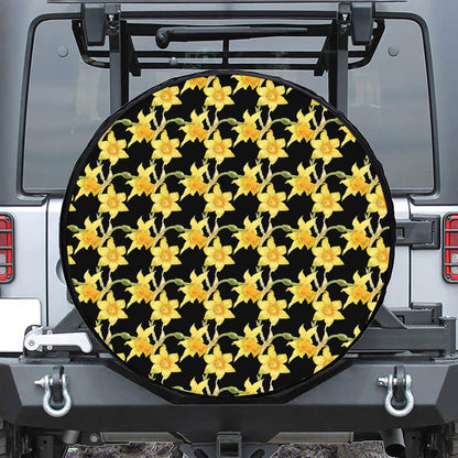 Watercolor Daffodil Flower Pattern Print Leather Spare Tire Cover