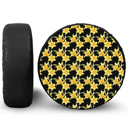 Watercolor Daffodil Flower Pattern Print Leather Spare Tire Cover