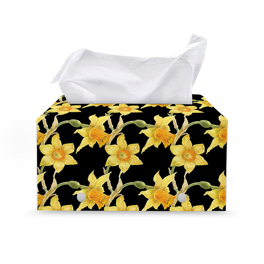 Watercolor Daffodil Flower Pattern Print Leather Tissue Box Cover