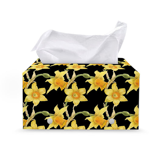 Watercolor Daffodil Flower Pattern Print Leather Tissue Box Cover