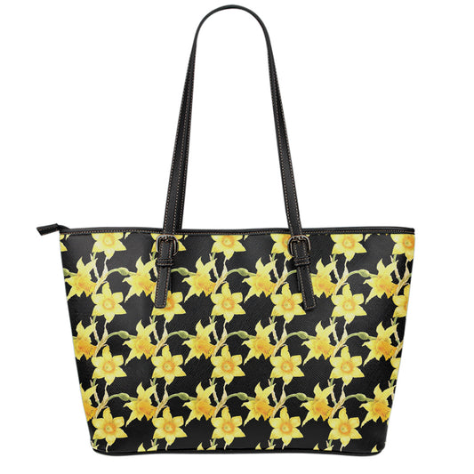 Watercolor Daffodil Flower Pattern Print Leather Tote Bag