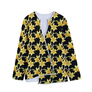 Watercolor Daffodil Flower Pattern Print Long Sleeve Short Coat