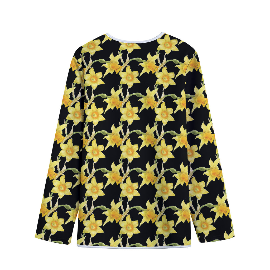 Watercolor Daffodil Flower Pattern Print Long Sleeve Short Coat