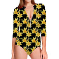 Watercolor Daffodil Flower Pattern Print Long Sleeve Swimsuit