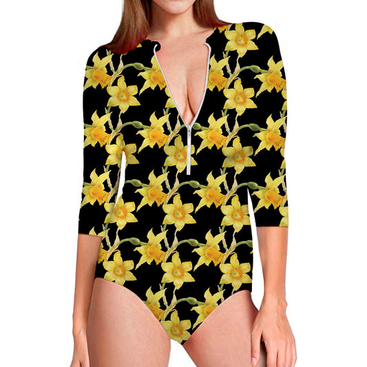 Watercolor Daffodil Flower Pattern Print Long Sleeve Swimsuit