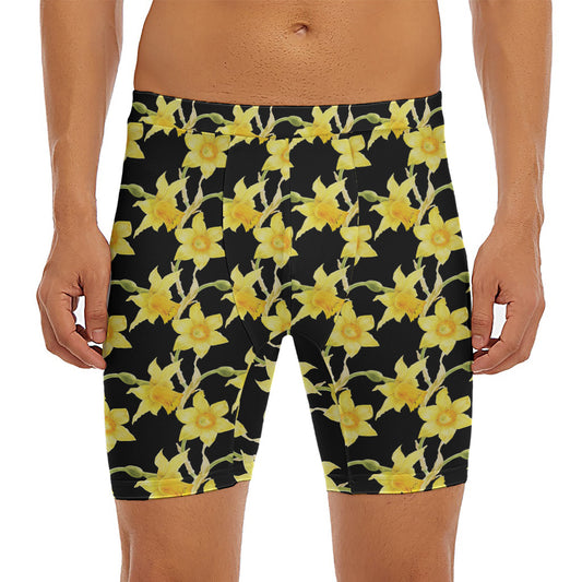 Watercolor Daffodil Flower Pattern Print Men's Long Boxer Briefs