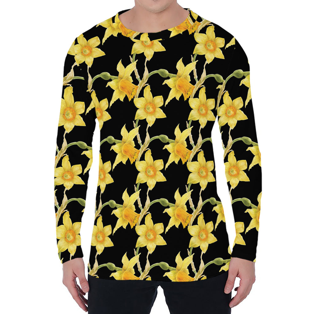 Watercolor Daffodil Flower Pattern Print Men's Long Sleeve T-Shirt