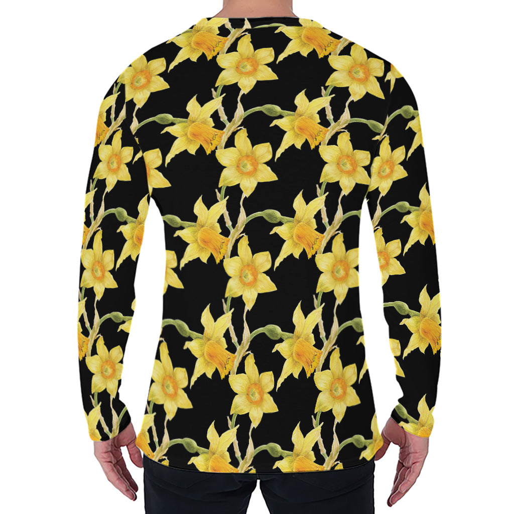 Watercolor Daffodil Flower Pattern Print Men's Long Sleeve T-Shirt