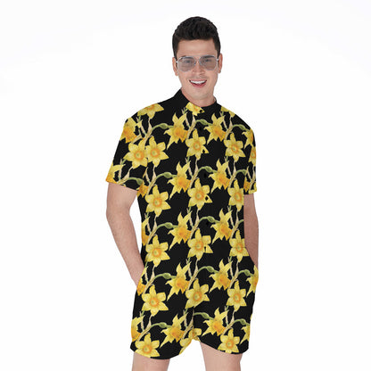 Watercolor Daffodil Flower Pattern Print Men's Rompers