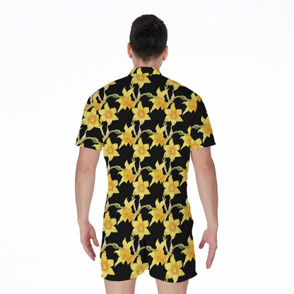 Watercolor Daffodil Flower Pattern Print Men's Rompers
