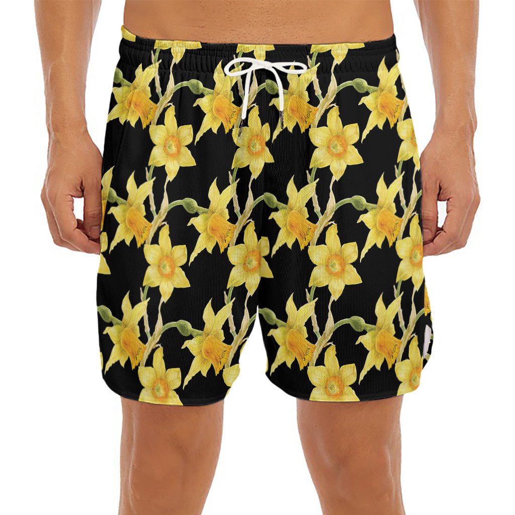 Watercolor Daffodil Flower Pattern Print Men's Split Running Shorts