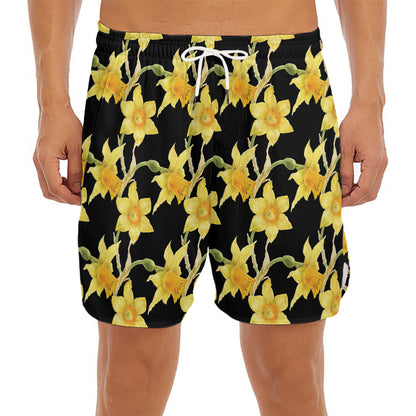 Watercolor Daffodil Flower Pattern Print Men's Split Running Shorts