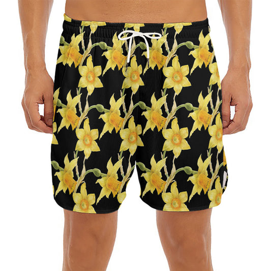 Watercolor Daffodil Flower Pattern Print Men's Split Running Shorts