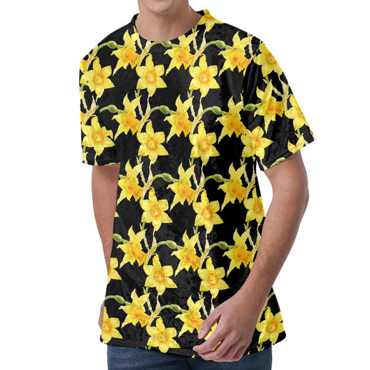 Watercolor Daffodil Flower Pattern Print Men's Velvet T-Shirt