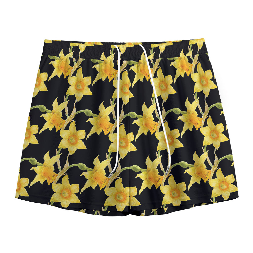 Watercolor Daffodil Flower Pattern Print Mesh Shorts
