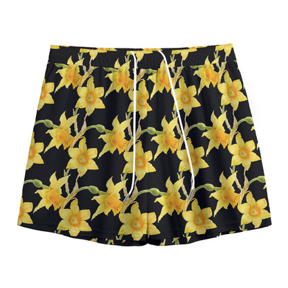 Watercolor Daffodil Flower Pattern Print Mesh Shorts