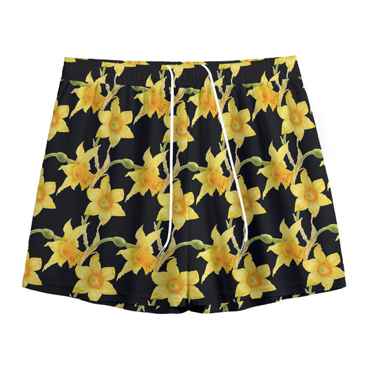 Watercolor Daffodil Flower Pattern Print Mesh Shorts