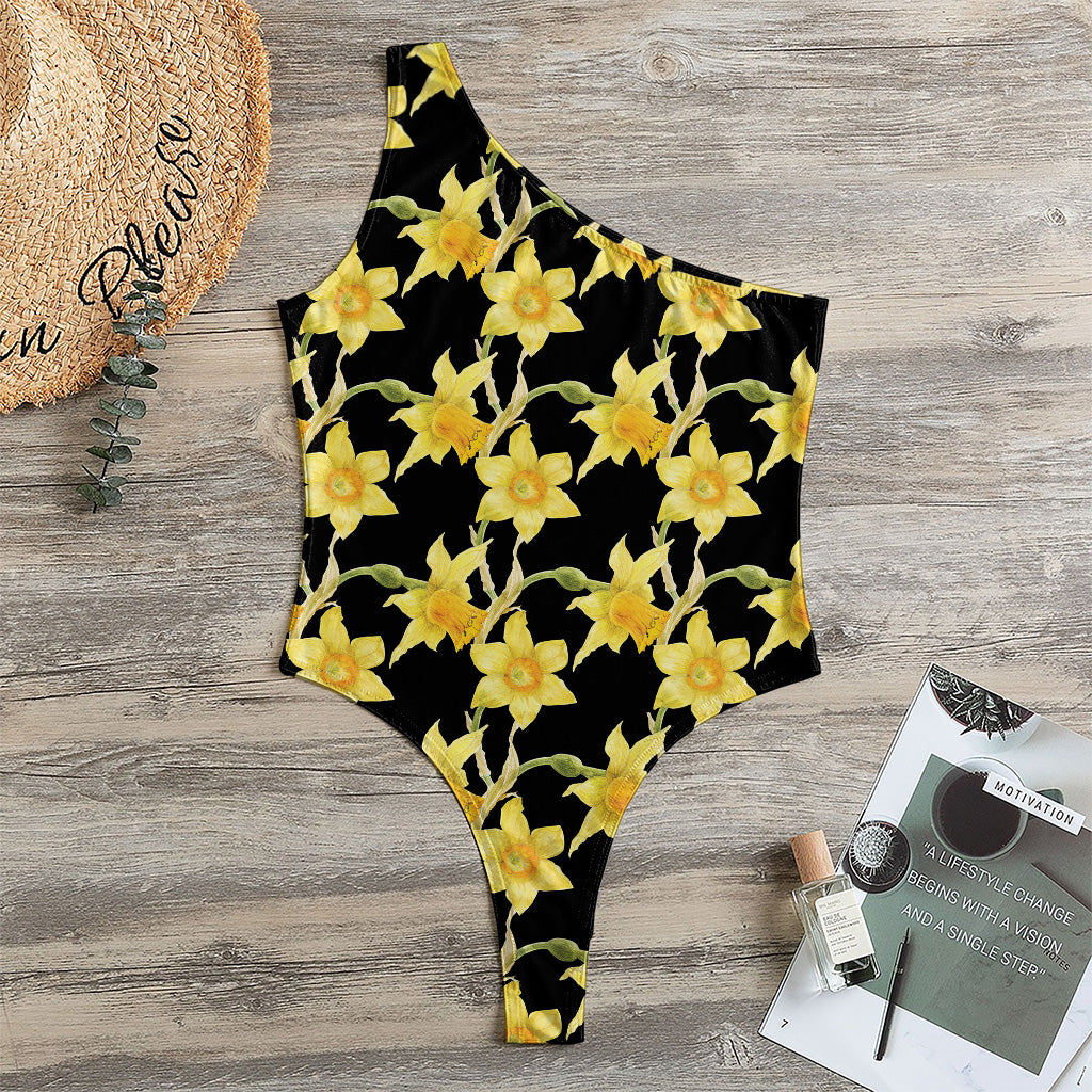 Watercolor Daffodil Flower Pattern Print One Shoulder Bodysuit