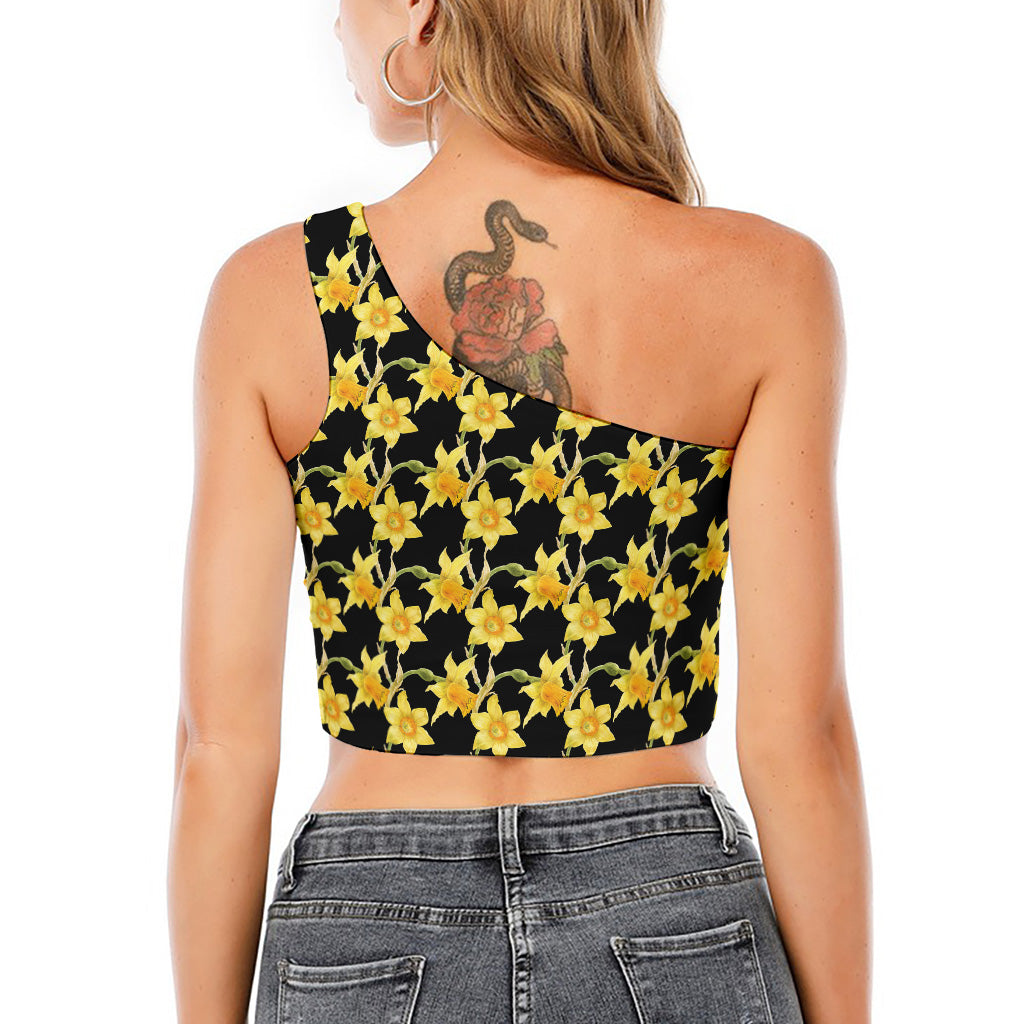 Watercolor Daffodil Flower Pattern Print One Shoulder Crop Top