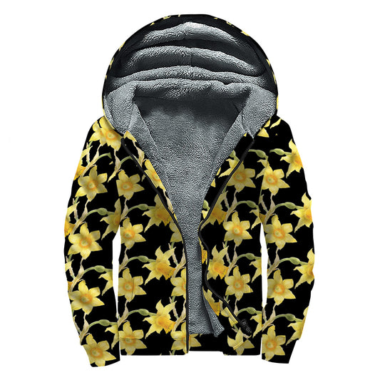 Watercolor Daffodil Flower Pattern Print Sherpa Lined Zip Up Hoodie