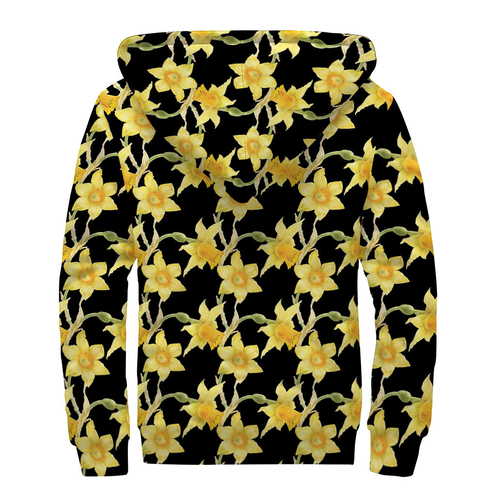 Watercolor Daffodil Flower Pattern Print Sherpa Lined Zip Up Hoodie