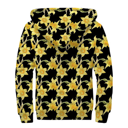Watercolor Daffodil Flower Pattern Print Sherpa Lined Zip Up Hoodie