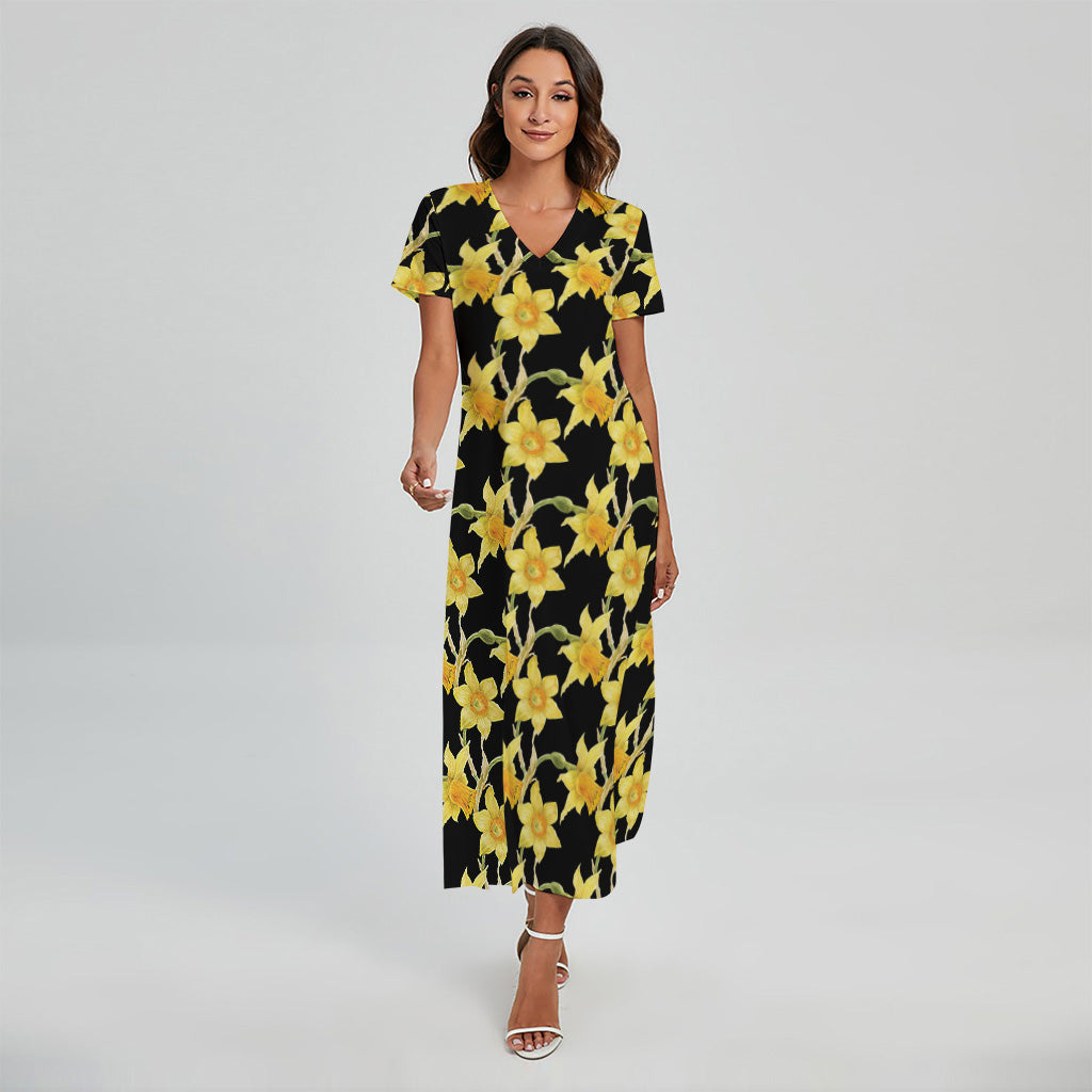 Watercolor Daffodil Flower Pattern Print Short Sleeve Maxi Dress