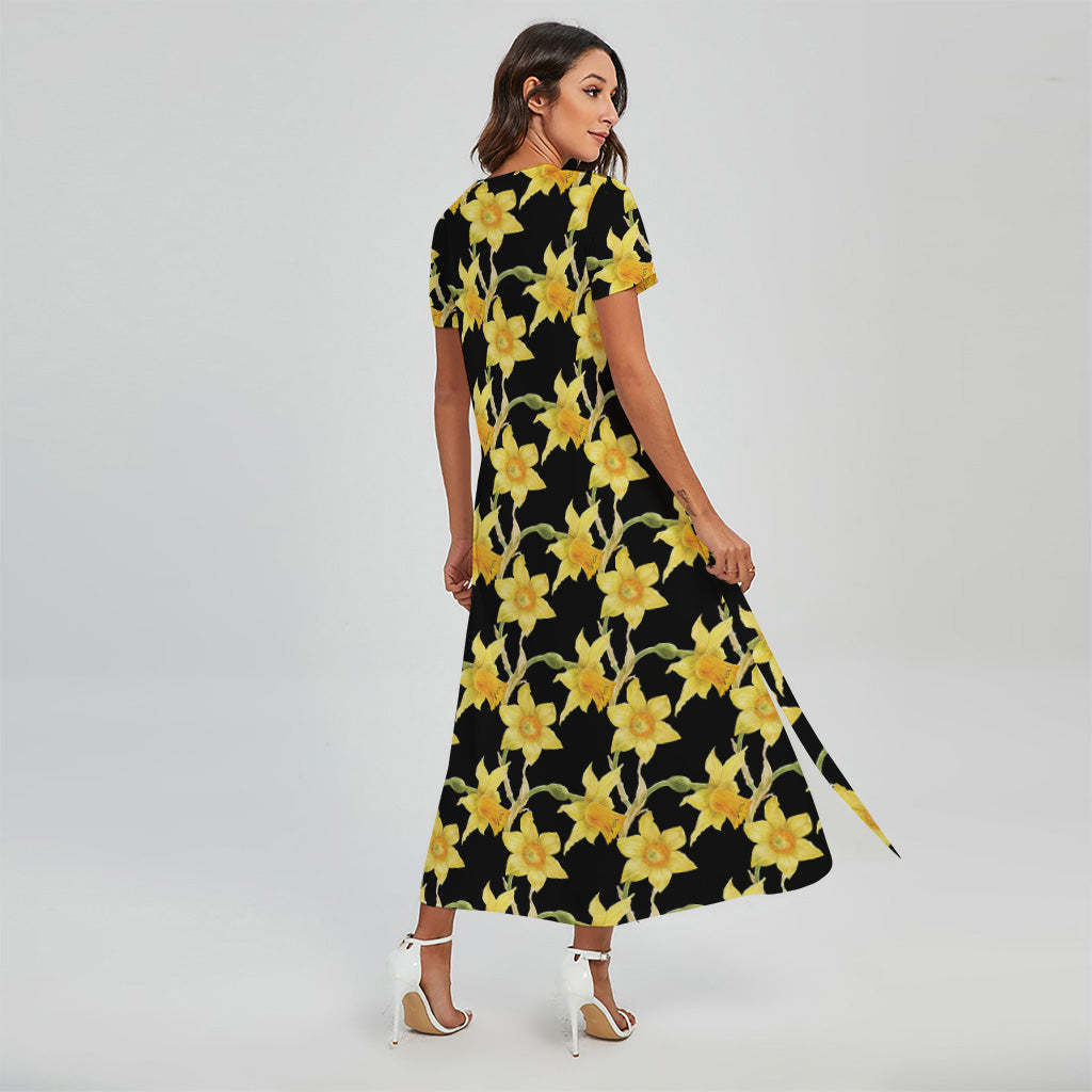 Watercolor Daffodil Flower Pattern Print Short Sleeve Maxi Dress