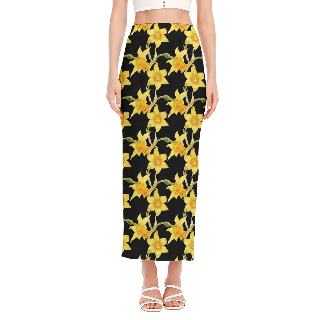 Watercolor Daffodil Flower Pattern Print Side Slit Maxi Skirt