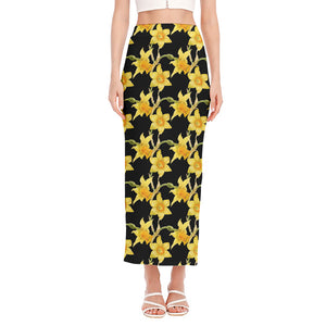 Watercolor Daffodil Flower Pattern Print Side Slit Maxi Skirt