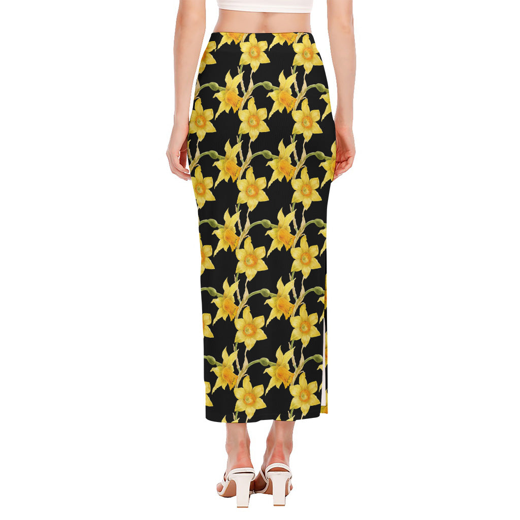 Watercolor Daffodil Flower Pattern Print Side Slit Maxi Skirt