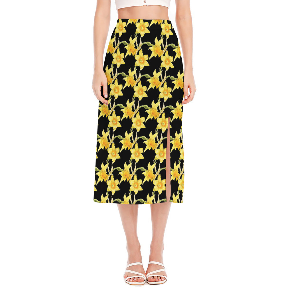 Watercolor Daffodil Flower Pattern Print Side Slit Midi Skirt