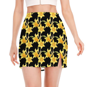 Watercolor Daffodil Flower Pattern Print Side Slit Mini Skirt