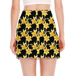 Watercolor Daffodil Flower Pattern Print Side Slit Mini Skirt