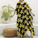 Watercolor Daffodil Flower Pattern Print Silk V-Neck Kaftan Dress