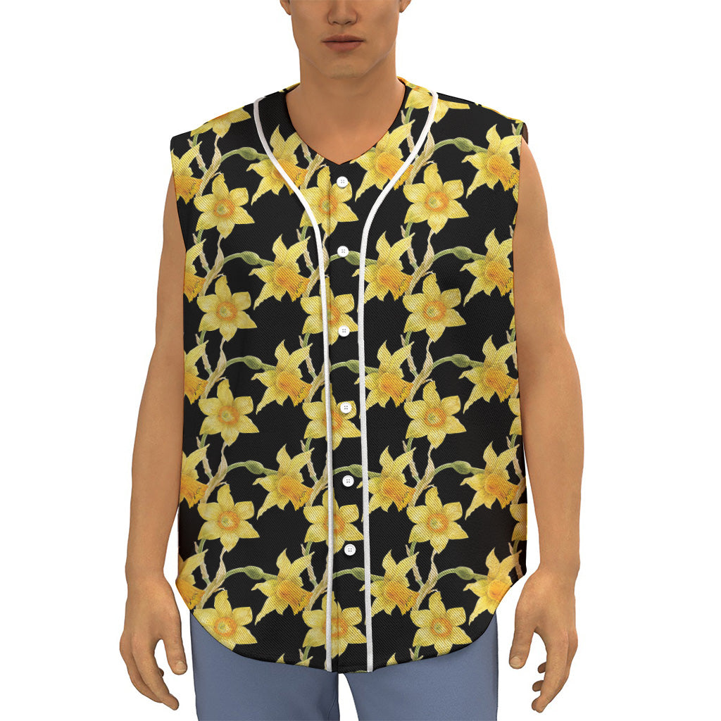 Watercolor Daffodil Flower Pattern Print Sleeveless Baseball Jersey