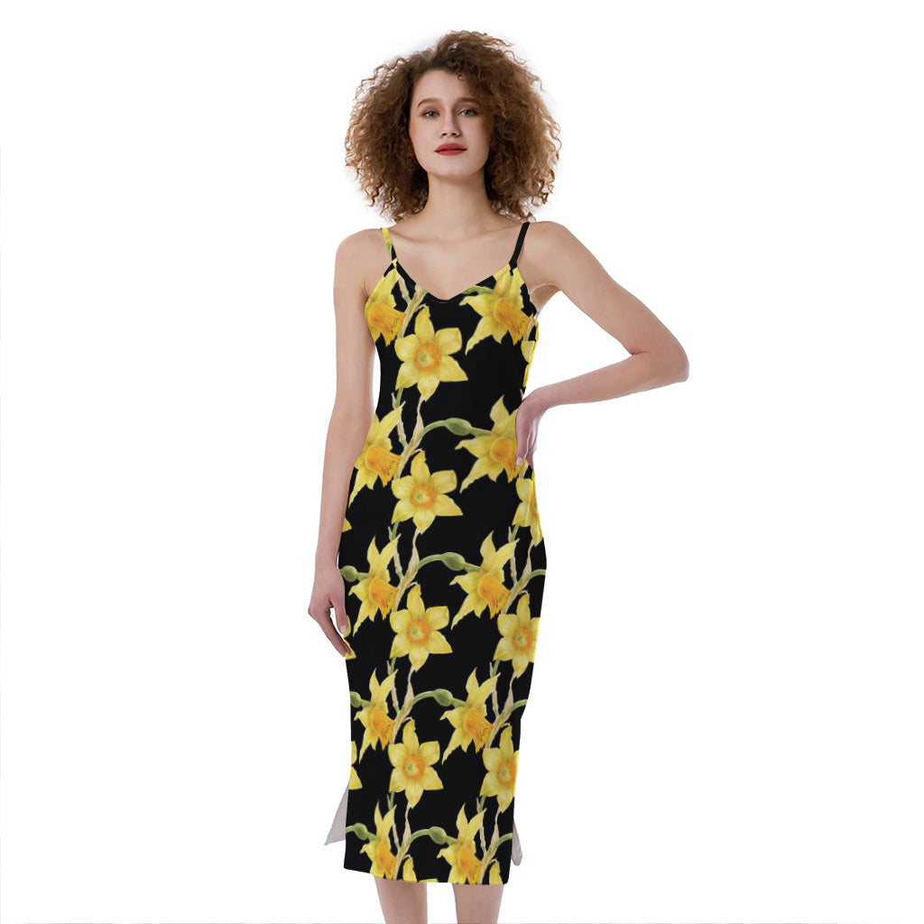 Watercolor Daffodil Flower Pattern Print Slim Fit Midi Cami Dress