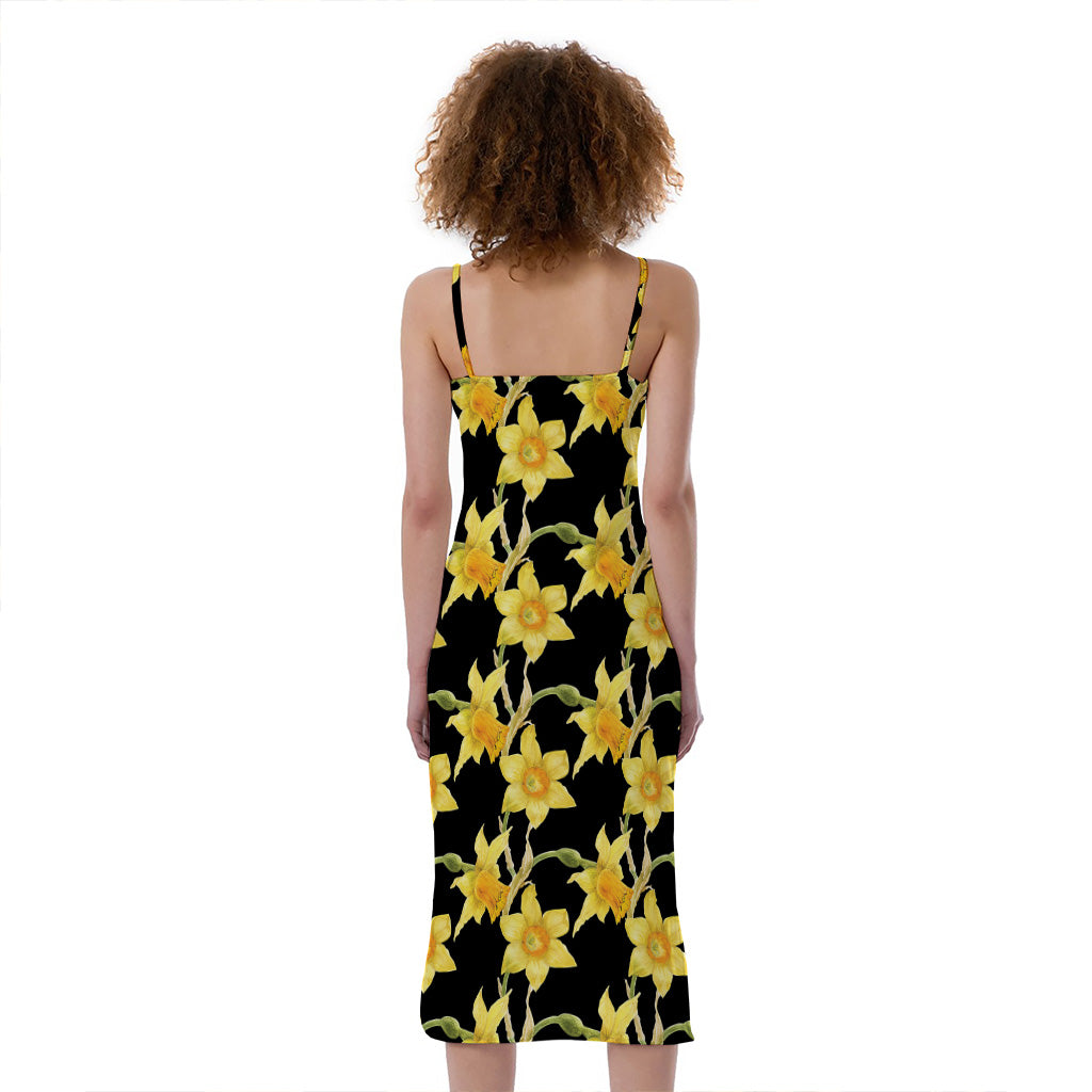 Watercolor Daffodil Flower Pattern Print Slim Fit Midi Cami Dress