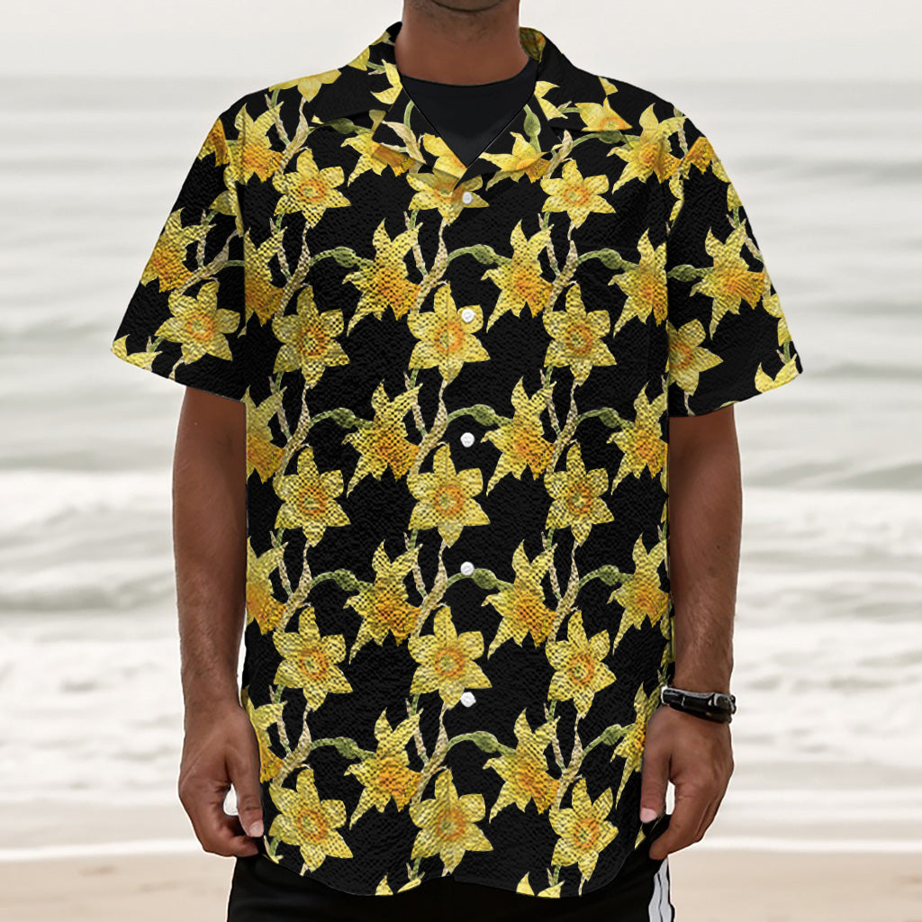 Watercolor Daffodil Flower Pattern Print Textured Short Sleeve Shirt