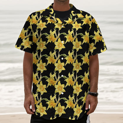 Watercolor Daffodil Flower Pattern Print Textured Short Sleeve Shirt