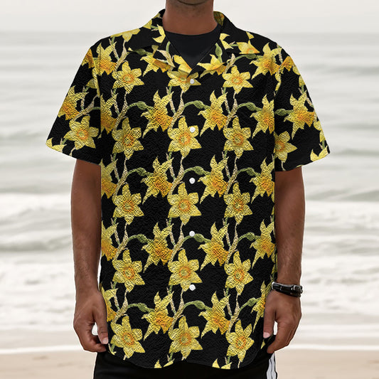 Watercolor Daffodil Flower Pattern Print Textured Short Sleeve Shirt