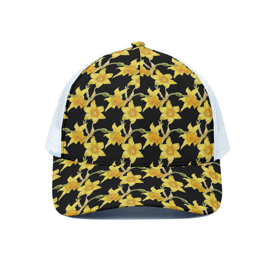 Watercolor Daffodil Flower Pattern Print White Mesh Trucker Cap