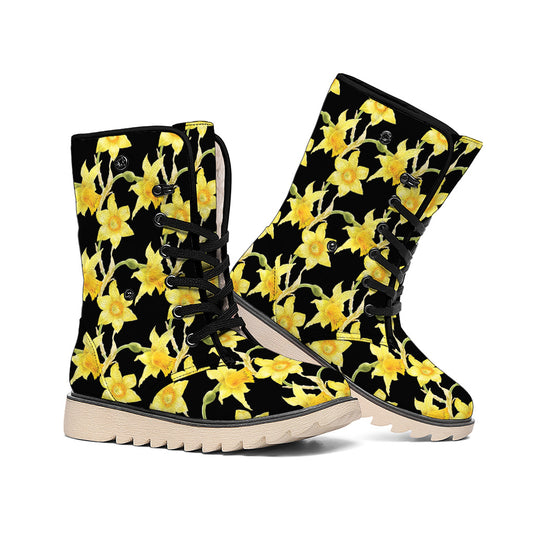 Watercolor Daffodil Flower Pattern Print Winter Boots